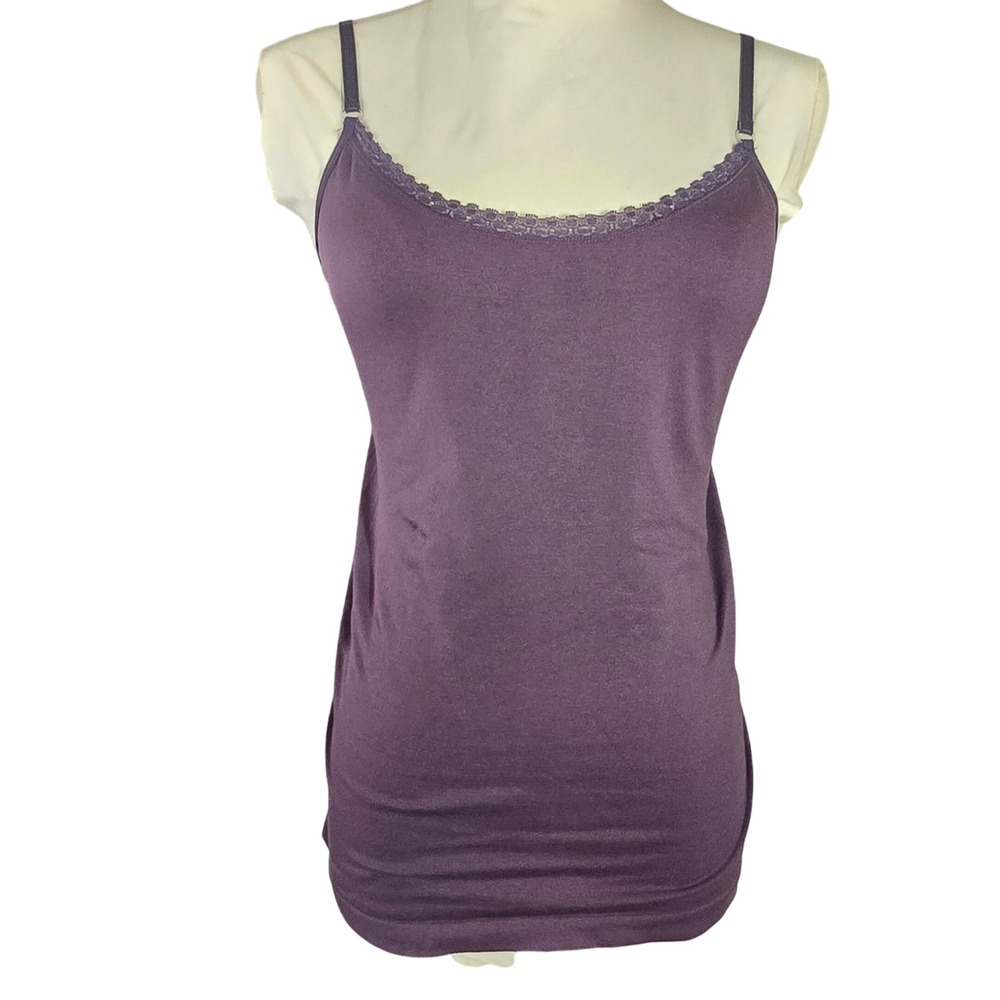 Womens Dark Purple Lace Trim Cami Tank Top Adjustable Straps Stretch Basic L new